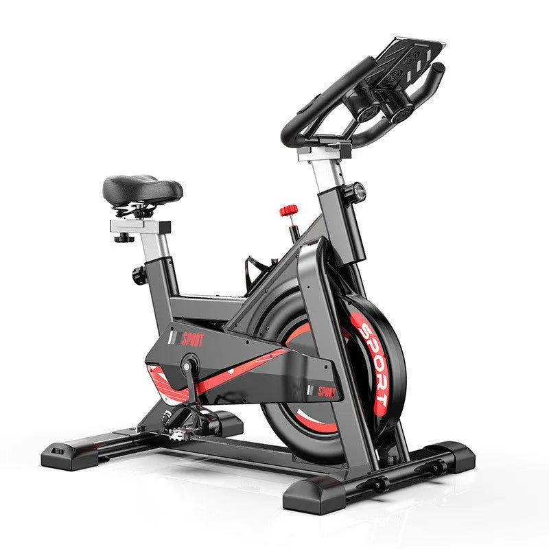 Black upright spinning bike with steel frame and console display for home cardio cycling