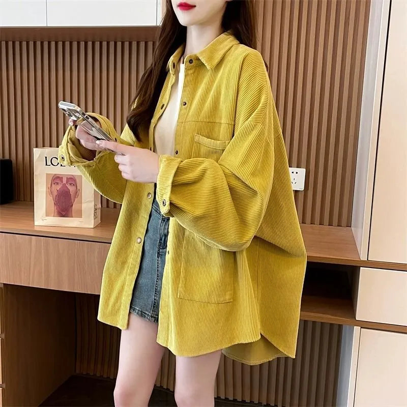 Loose corduroy shirt jacket in yellow, apricot or green, long sleeve cardigan style, sizes M to XXL.