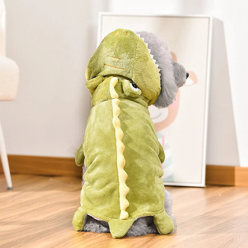Green dinosaur coral fleece dog coat for autumn winter Halloween Christmas, sizes XS to 4L