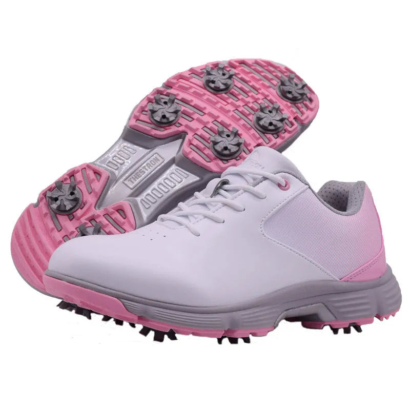 Women's waterproof golf sneakers with white or pink microfiber upper and natural rubber outsole
