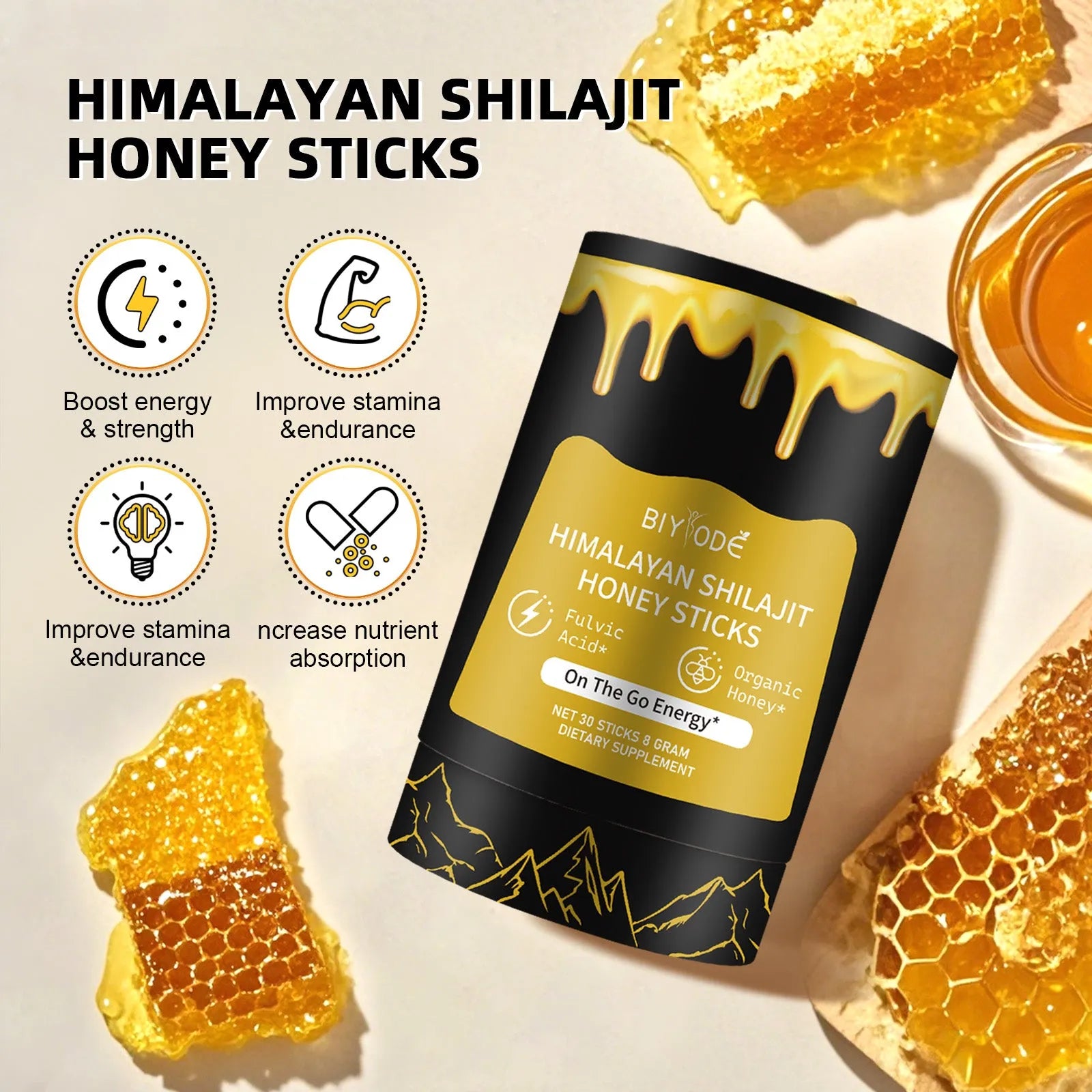 Shilajit honey sticks in bottle with gold colour resin sticks for daily energy supplement