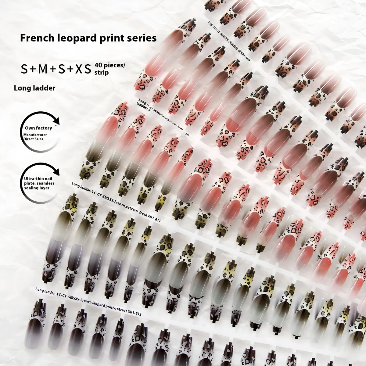 French leopard print long ladder nail stickers in brown, charm, and moss colourways, 40 piece set