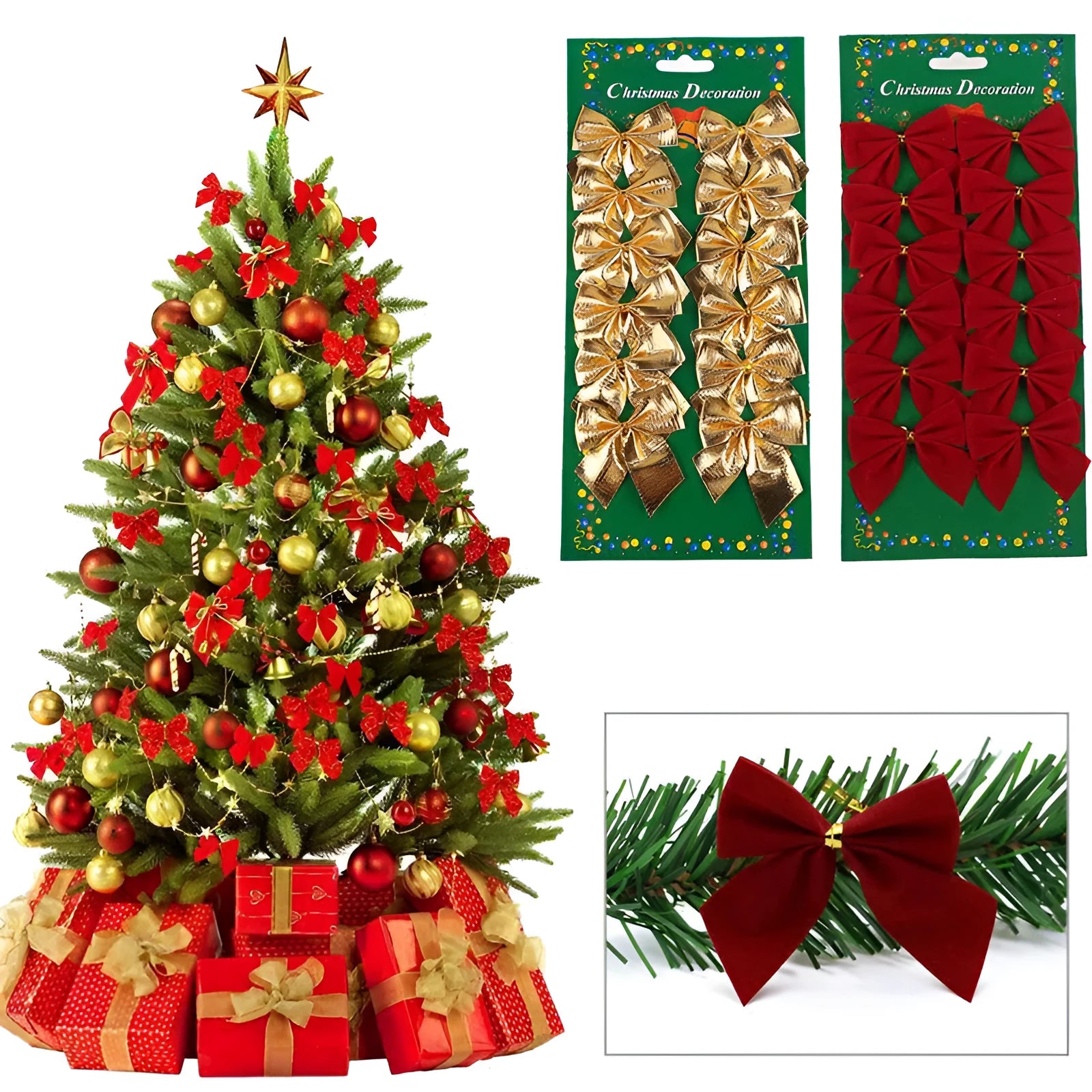 5 cm polyester Christmas decoration bows in red, gold, silver, and red gold colour options