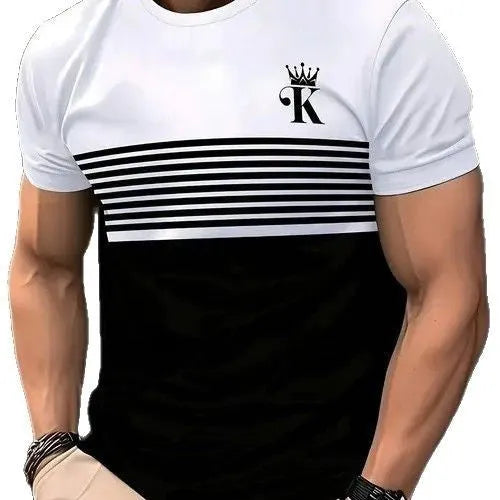 Man wearing a loose fit grey short sleeve polyester T-shirt on a casual summer day.