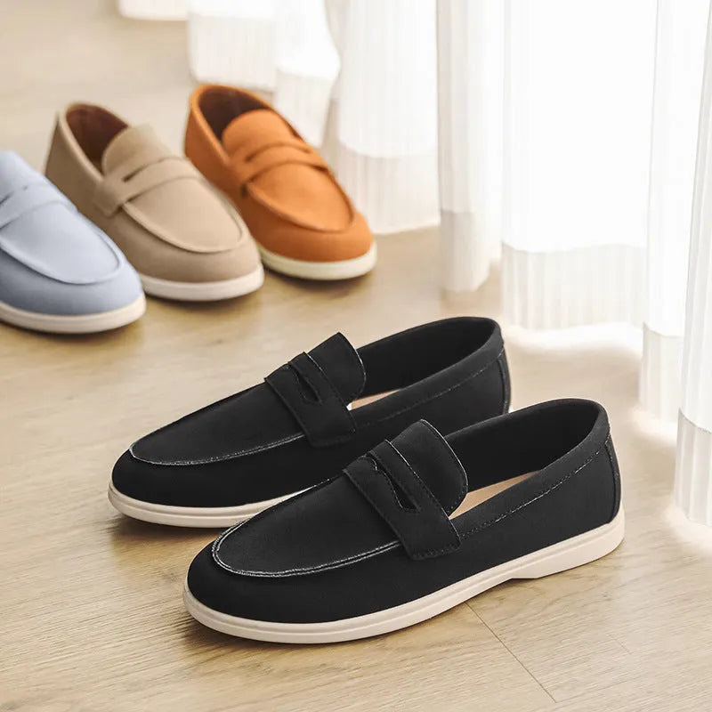 Men's suede casual shoes in four colours with low flat heel and vulcanised rubber sole