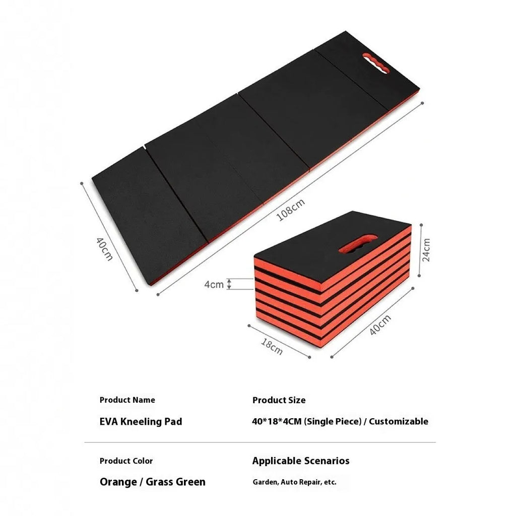 Black EVA foam folding kneeling mat for car repair showing folded and open positions
