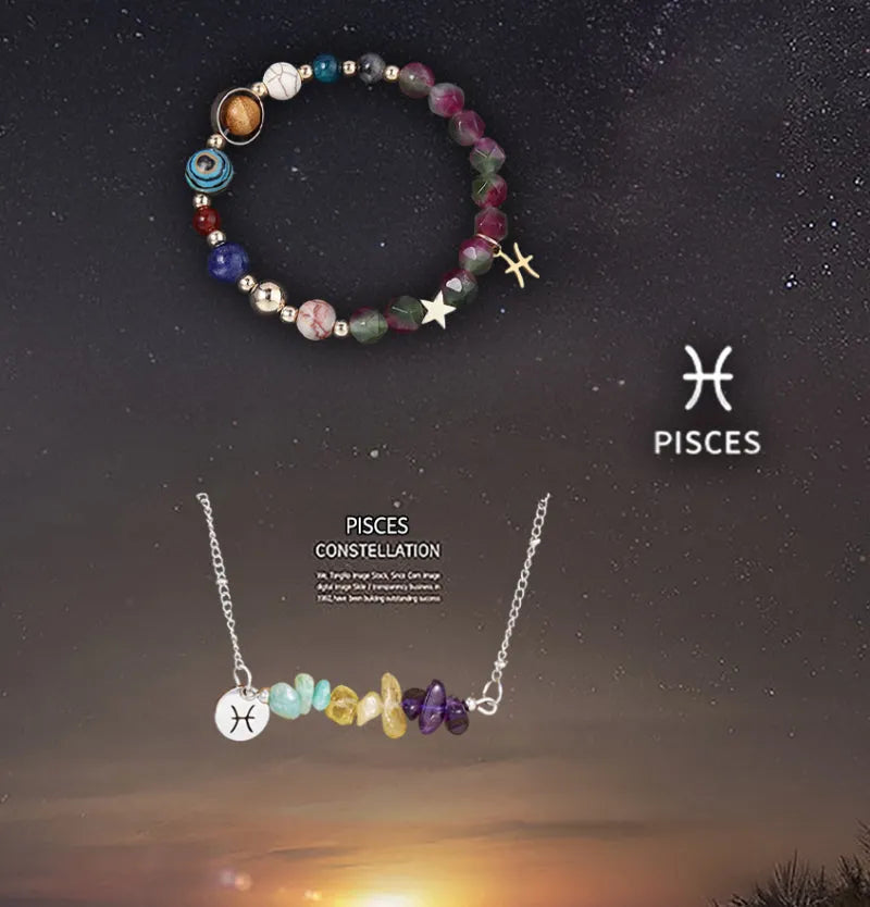 Natural stone necklace and bracelet set for zodiac signs on display