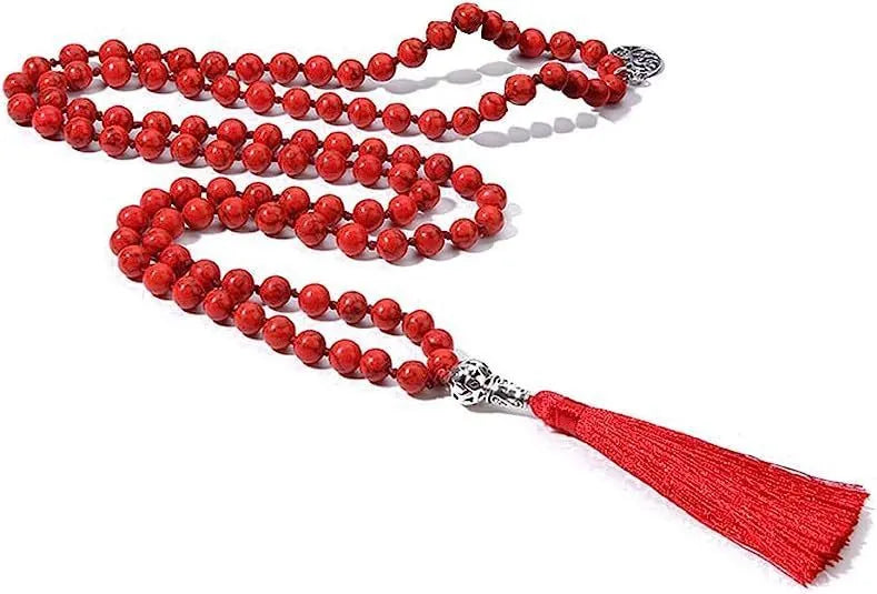 Handmade natural stone beaded necklace with 108 8mm beads showing geometric shape and 81cm length