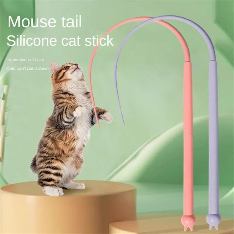 Simulated mouse tail cat toy with long flexible silicone tail and cat head design