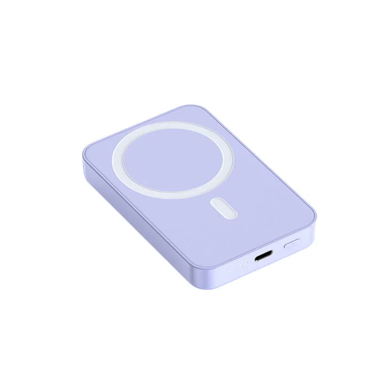 Pink, purple and white magnetic wireless power bank showing 20000mAh capacity and compact size.
