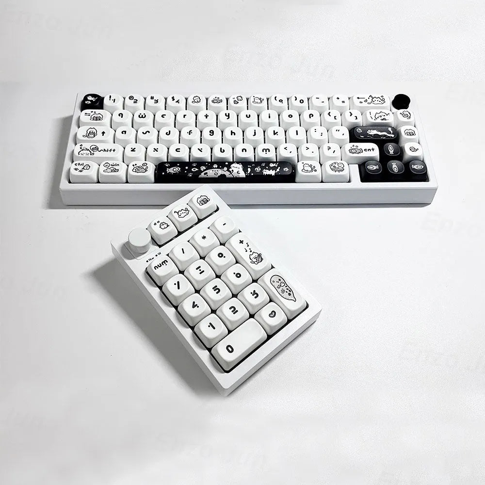 MOA height flat profile key cap set in ABS with black and white cat design for mechanical keyboards