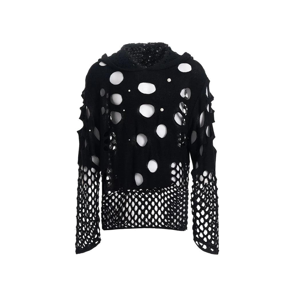 Black men's loose-fit hollow knit hoodie with a pullover design and pearl-like buttons on the hood.
