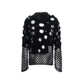 Black men's loose-fit hollow knit hoodie with a pullover design and pearl-like buttons on the hood.