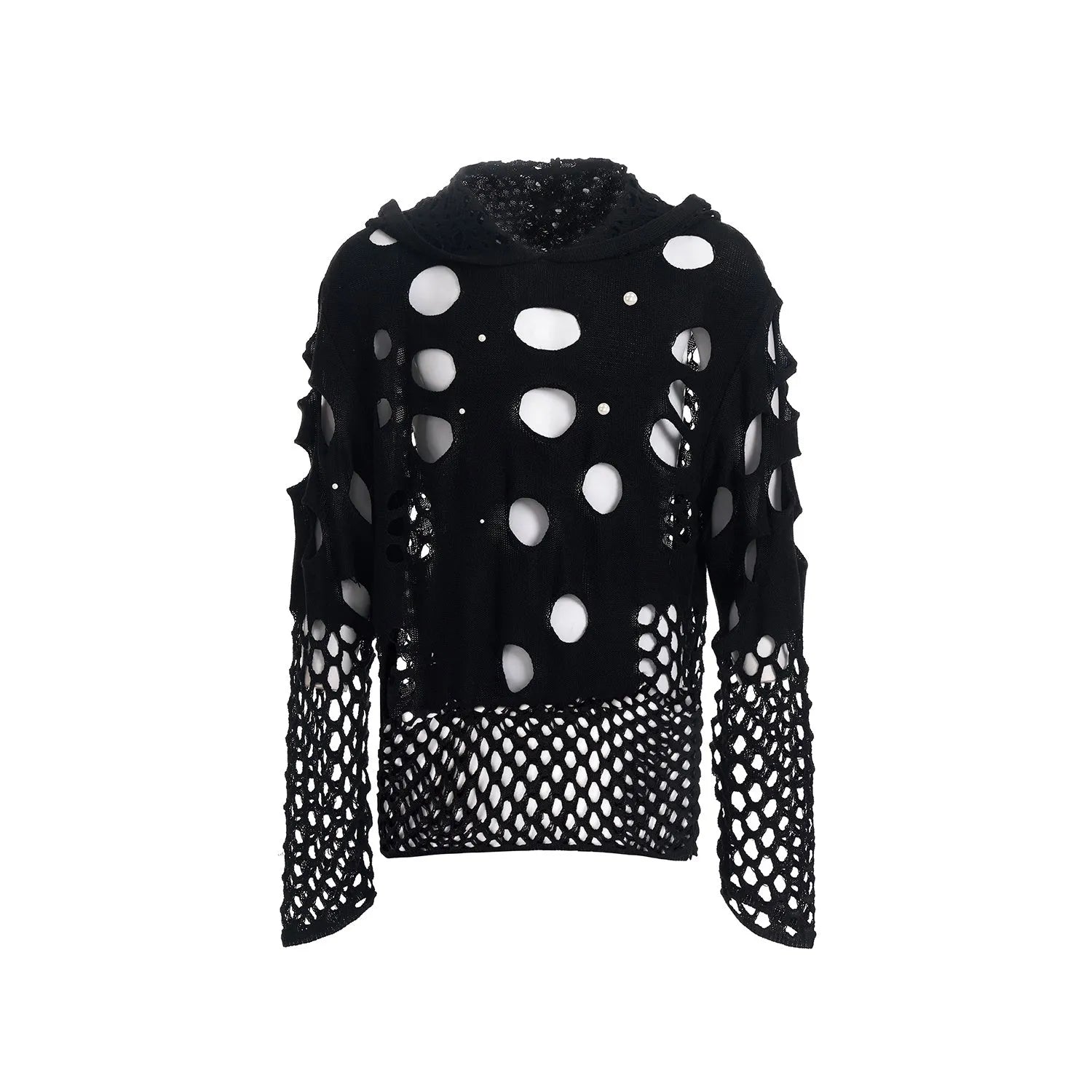 Black men's loose-fit hollow knit hoodie with a pullover design and pearl-like buttons on the hood.