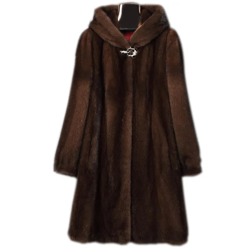 Women's long black faux fur hooded coat with street fashion style.