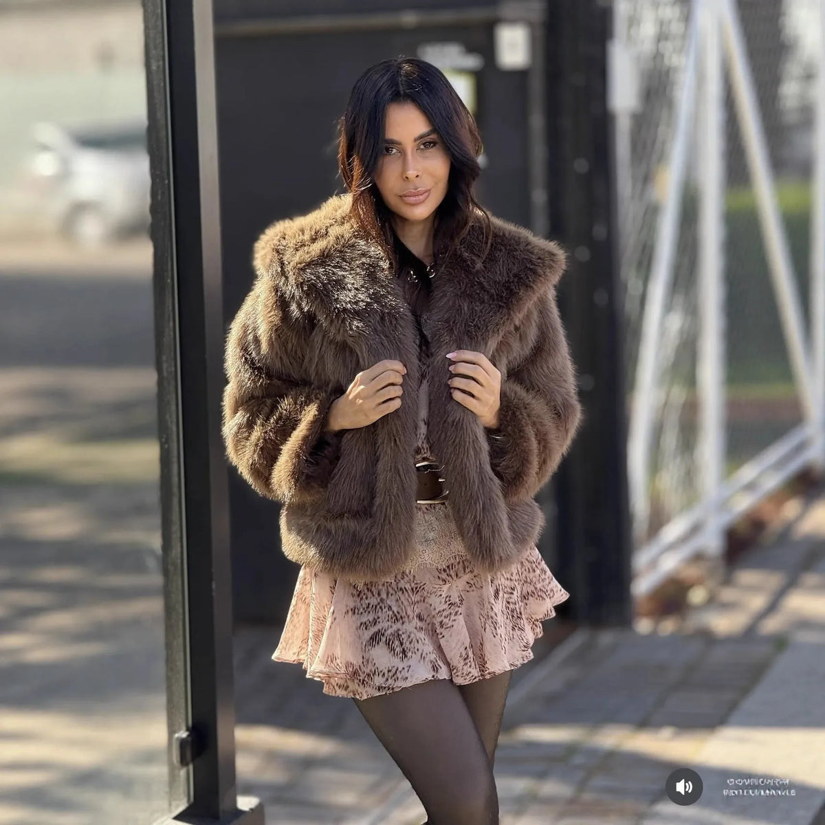 Brown polyester hooded jacket with faux fur trim, loose fit, 50cm length, women's sizes S to XXXL