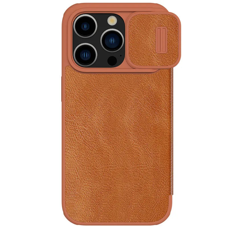 iPhone 15 imitation leather flip case shown in black, brown, and red colour options.