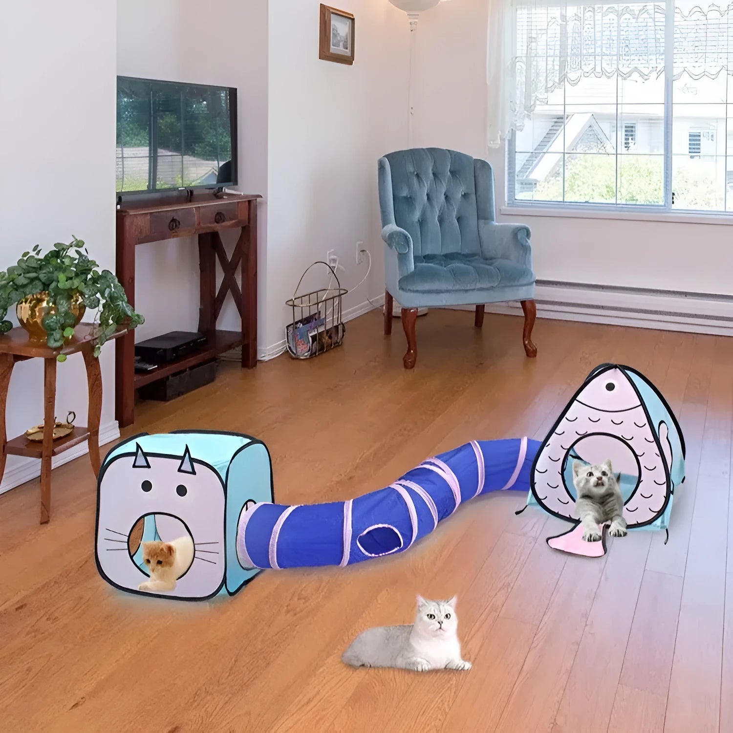 Foldable grey cat tent and tunnel play set with cat and fish illustrations.