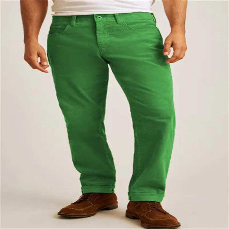 Army Green loose straight-leg corduroy trousers with a mid waist and zip fly