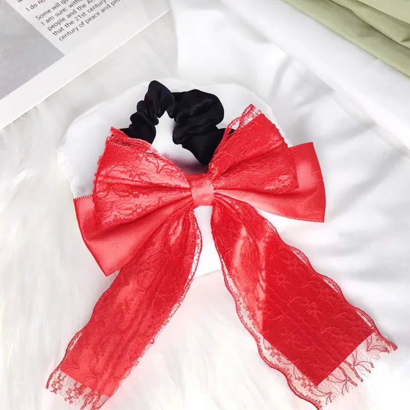 Double layer lace and velvet ribbon bowknot hair band in high elasticity style