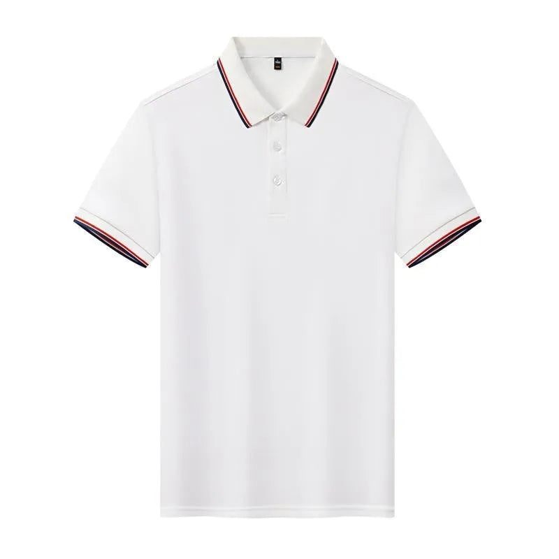 Short sleeve polo shirt in thin fabric showing straight cut fit and available colour options