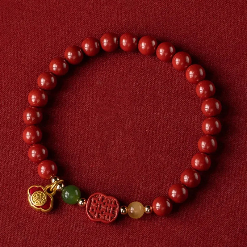 Emperor Sandstone Happy Eyebrow Bracelet with fu character design on cinnabar beads