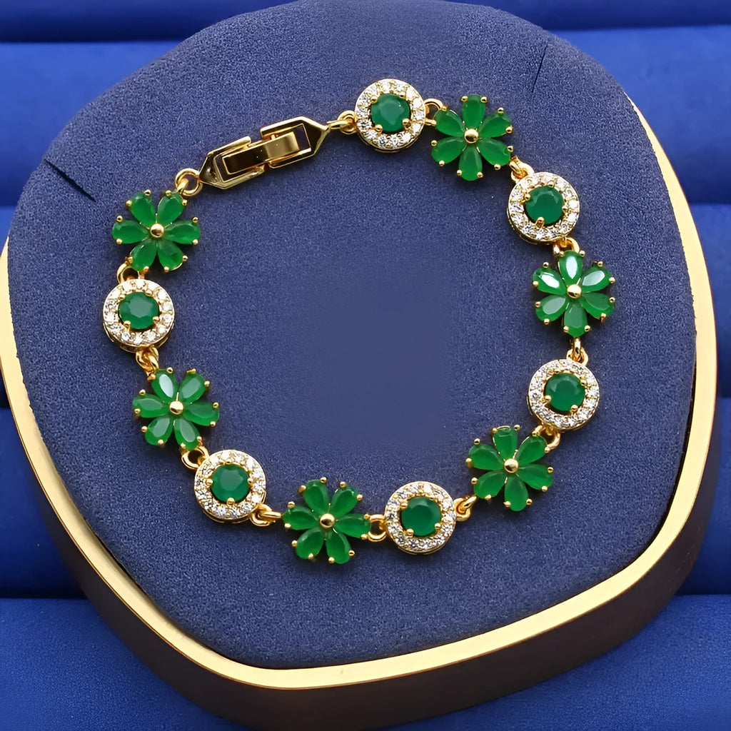 Romantic Flower Design Green Zircon Bracelet Copper Real Gold Plating Micro Inlaid Zircon Affordable Luxury Style Floral Jewellery for Women