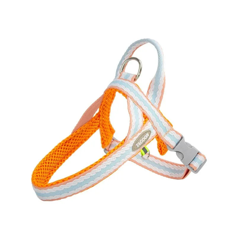 Lightweight dog harness and 1.4-metre walking rope set in various colours on a size chart