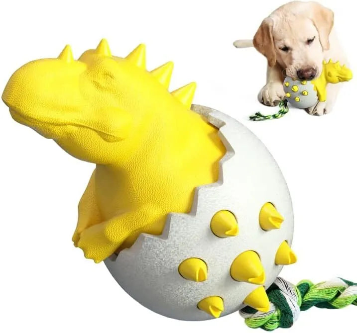 Blue durable dog chew toy shaped like a dinosaur with textured surface and rope, for aggressive chewers.