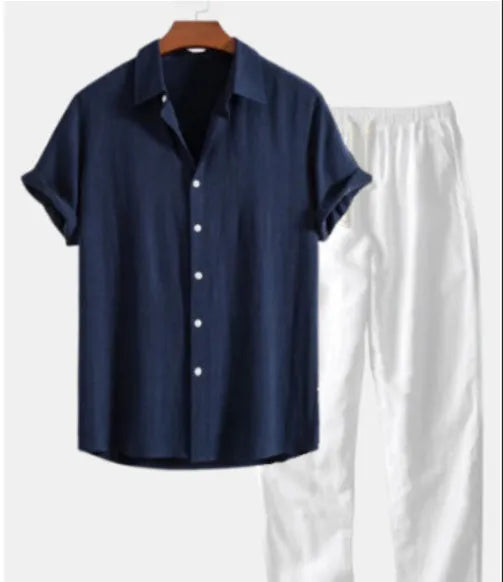 Men's slim fit floral print casual suit set with cardigan-style shirt and matching trousers