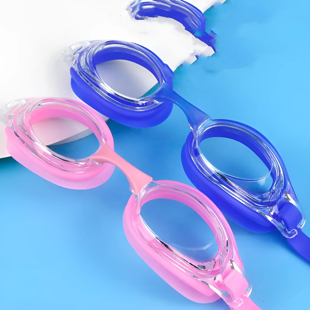 Black prescription swimming goggles with anti-fog coating shown with protective case