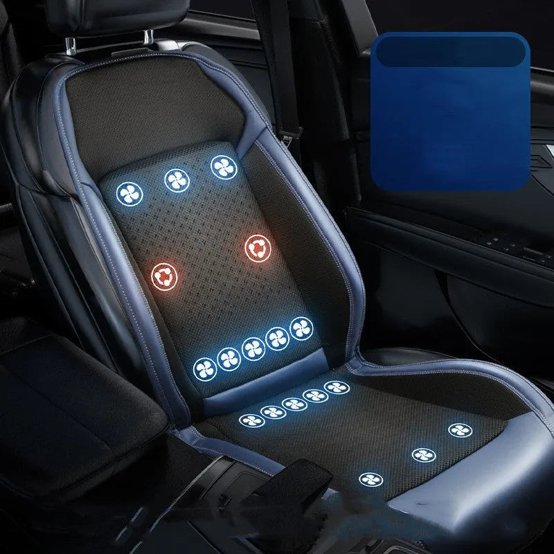 Car seat cooling pad with ventilation system and massage function in minimalist black design