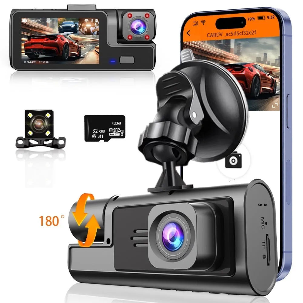 A compact black Wi-Fi dash cam with a 2.0-inch screen mounted on a car windscreen, showing a live road view.