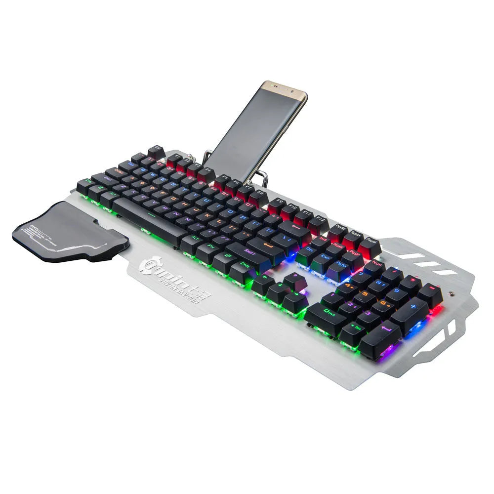 Silver Green Axis mechanical gaming keyboard with metal panel and detachable wrist splint.