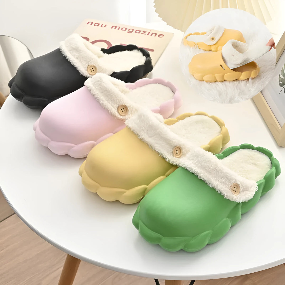 Waterproof EVA winter slippers with plush lining, non-slip sole, in pink, yellow, green, grey, black, sizes 36-45.