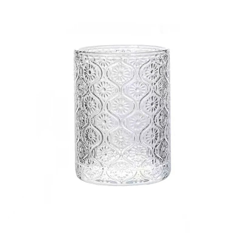Clear Begonia straight round glass water cup in short 250ml and tall 360ml capacity options.