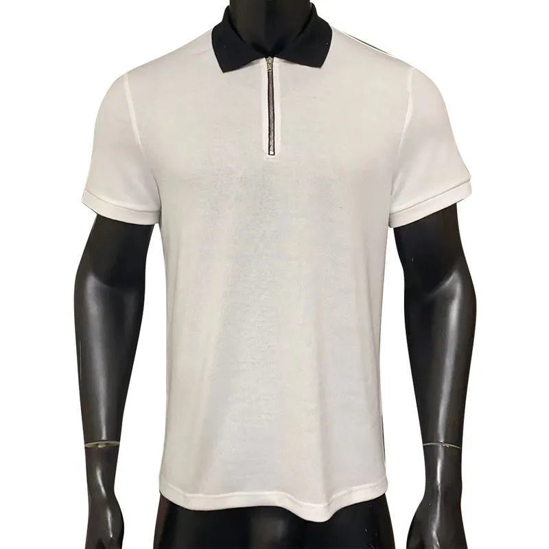 Pure white men's short sleeve polo shirt, loose fit, 100% polyester, sizes XS to 4XL