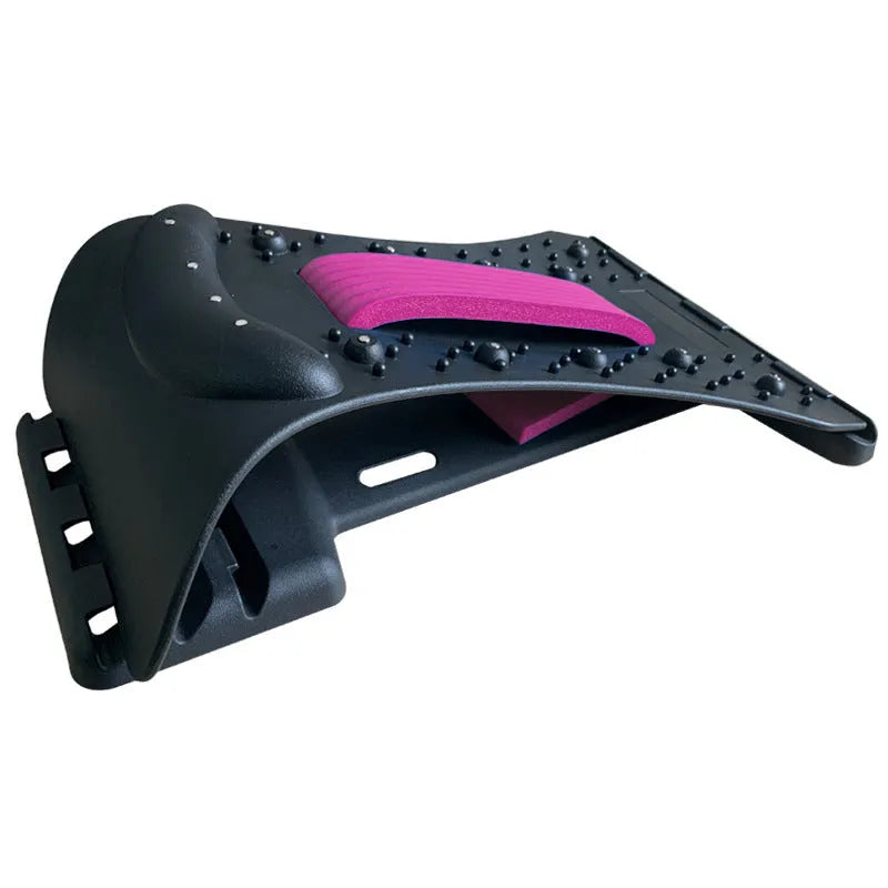 Adjustable back massager stretcher with magnetic therapy points on a black and purple background.