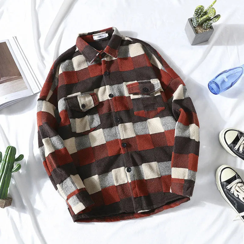 Men's loose plaid polar fleece cardigan shirt in red, sky blue and green, plus size autumn overshirt