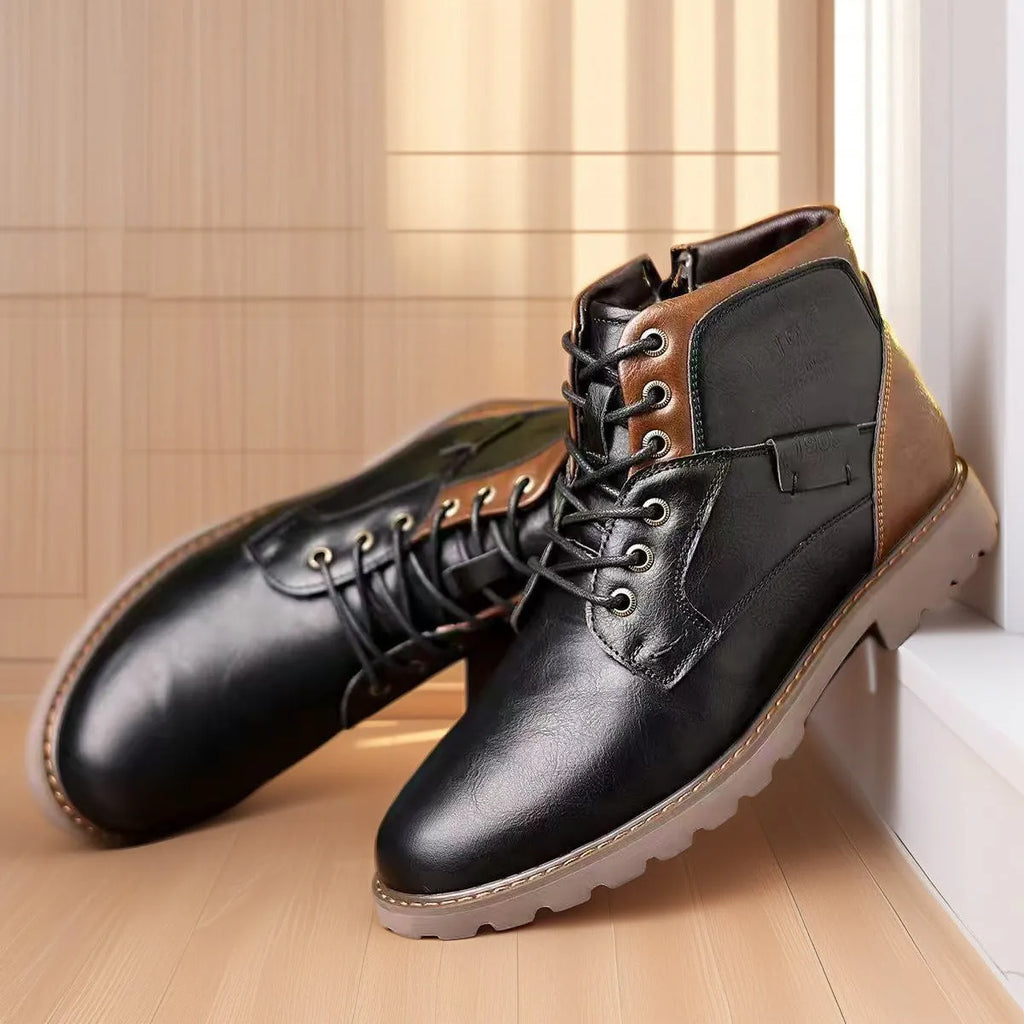 Men's brown leather-look PU ankle boot with side zipper and rubber sole