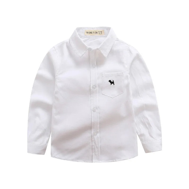 Boy's blue long sleeve cotton shirt with a lapel collar on a hanger.