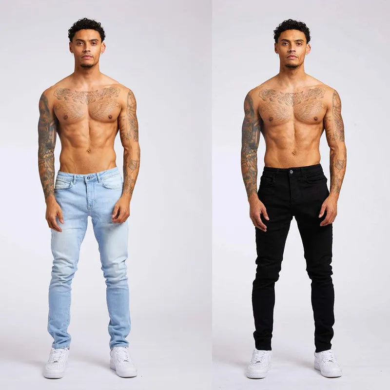 Men's slim fit high waist cotton jeans in light blue or black, sizes 28 to 36