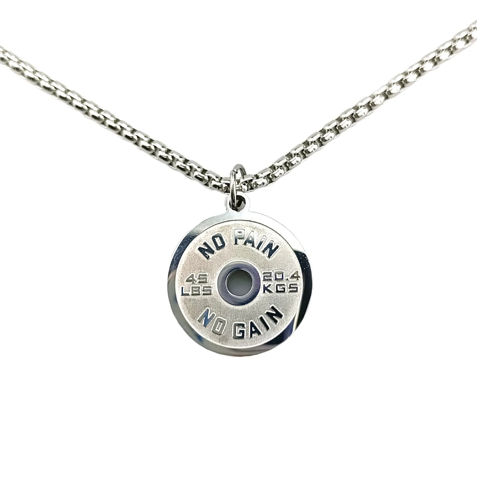 Stainless steel barbell disk necklace with geometric pendant on a choice of 60cm chain