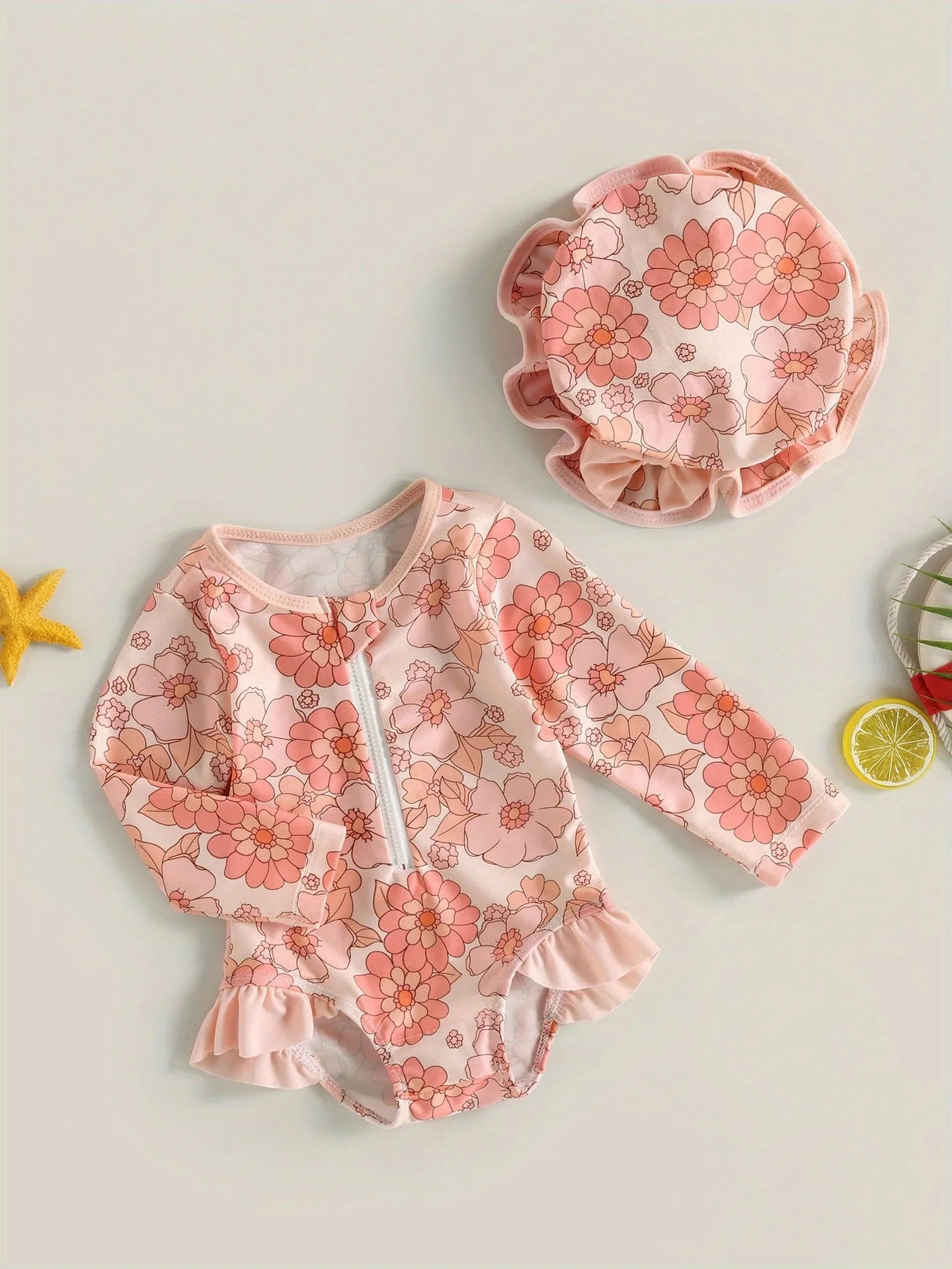 Baby girl one-piece swimsuit with matching hat in pink, polypropylene fibre fabric, size 12-18M