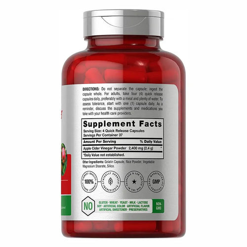 Apple cider vinegar dietary supplement capsules bottle containing 150 tablets