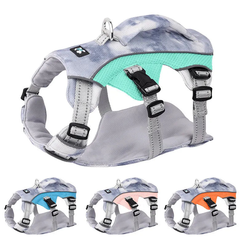 A light blue reflective dog cooling vest harness with a chest strap on a small dog
