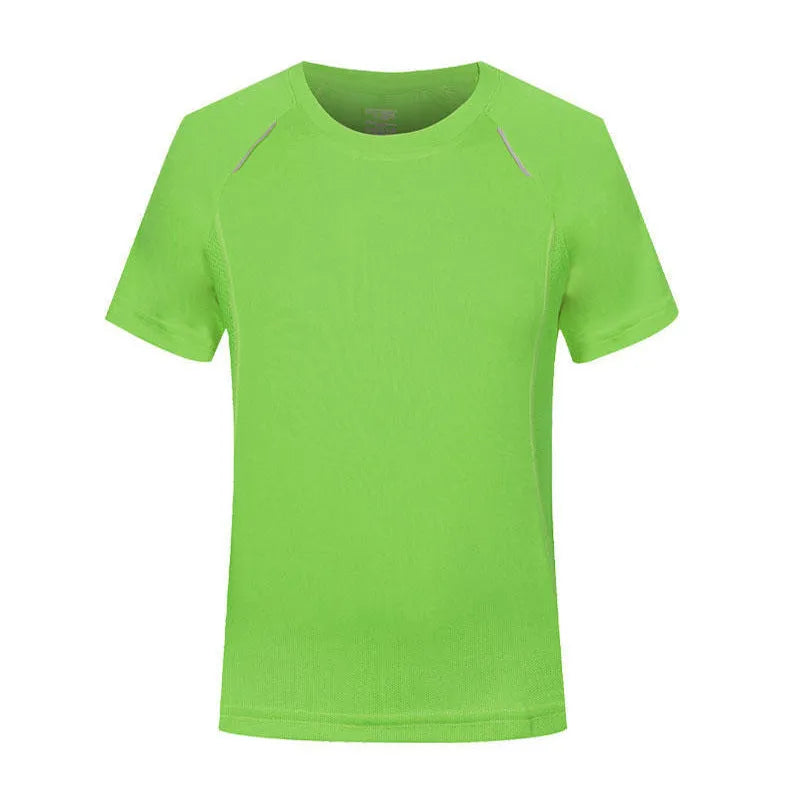 Men's slim fit quick-dry t-shirt in solid colours on a hanger, showing round neck and short sleeve design.