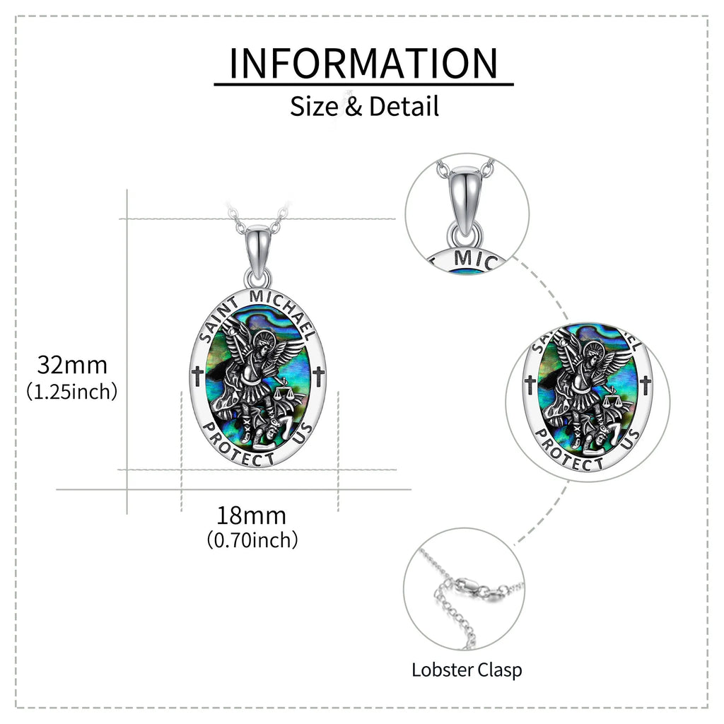 Saint Michael coin medal pendant in 925 sterling silver with white gold plating and abalone stone on 20 inch chain