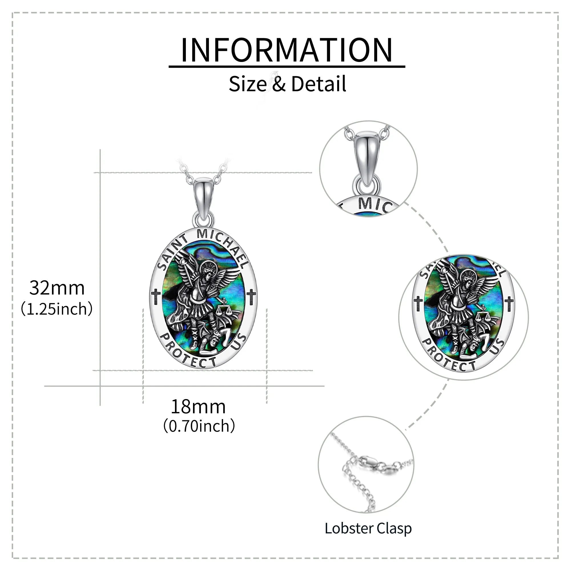 Saint Michael coin medal pendant in 925 sterling silver with white gold plating and abalone stone on 20 inch chain