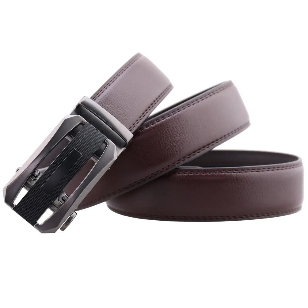 Men's business belt with rectangular matte gun alloy buckle and two-layer cowhide strap, 110-130cm, black or brown options